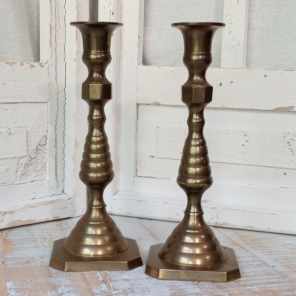 Vintage Solid Brass Beehive Diamond 8" Candlesticks Boho Regency Cottage Set (2)